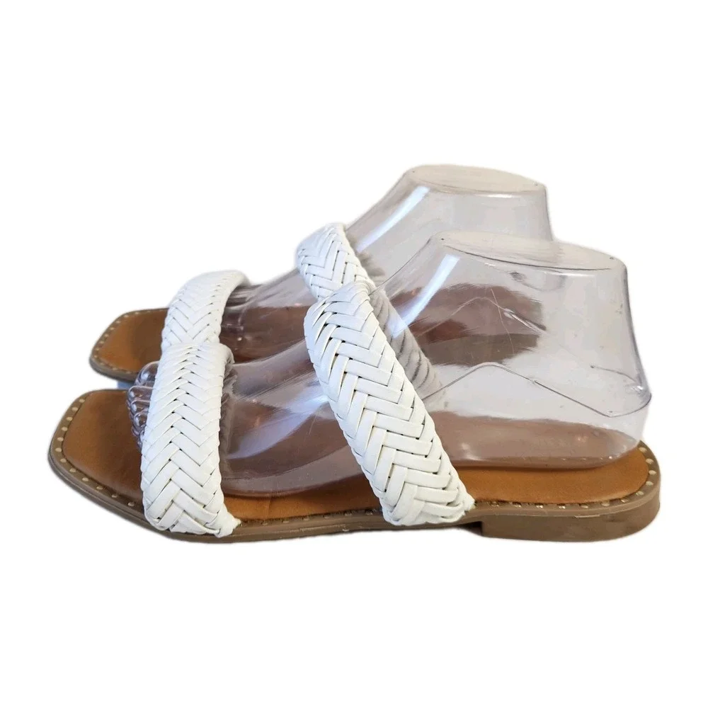 Nicole Miller Oby Double Braided Flat Sandals Womens Size 8.5 White Dress Slides